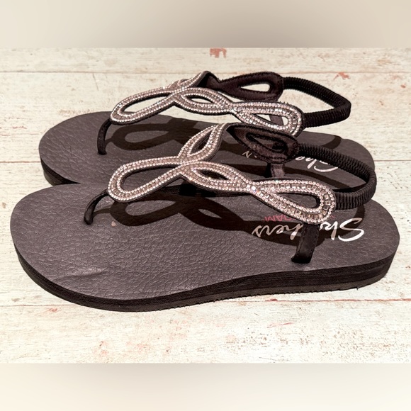 Skechers Shoes - Skechers Yoga Mat Black Silver Sparkling Flip Flop Sandals Size 9
